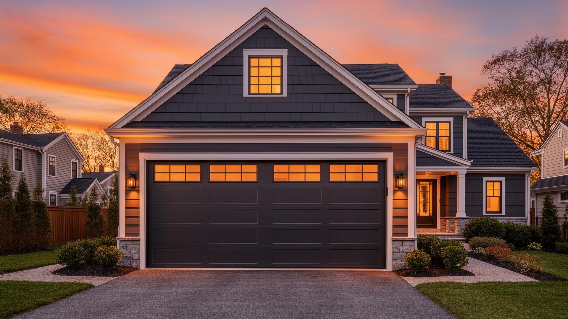 Beautiful carriage-style garage door at sunset in Winthrop, MA